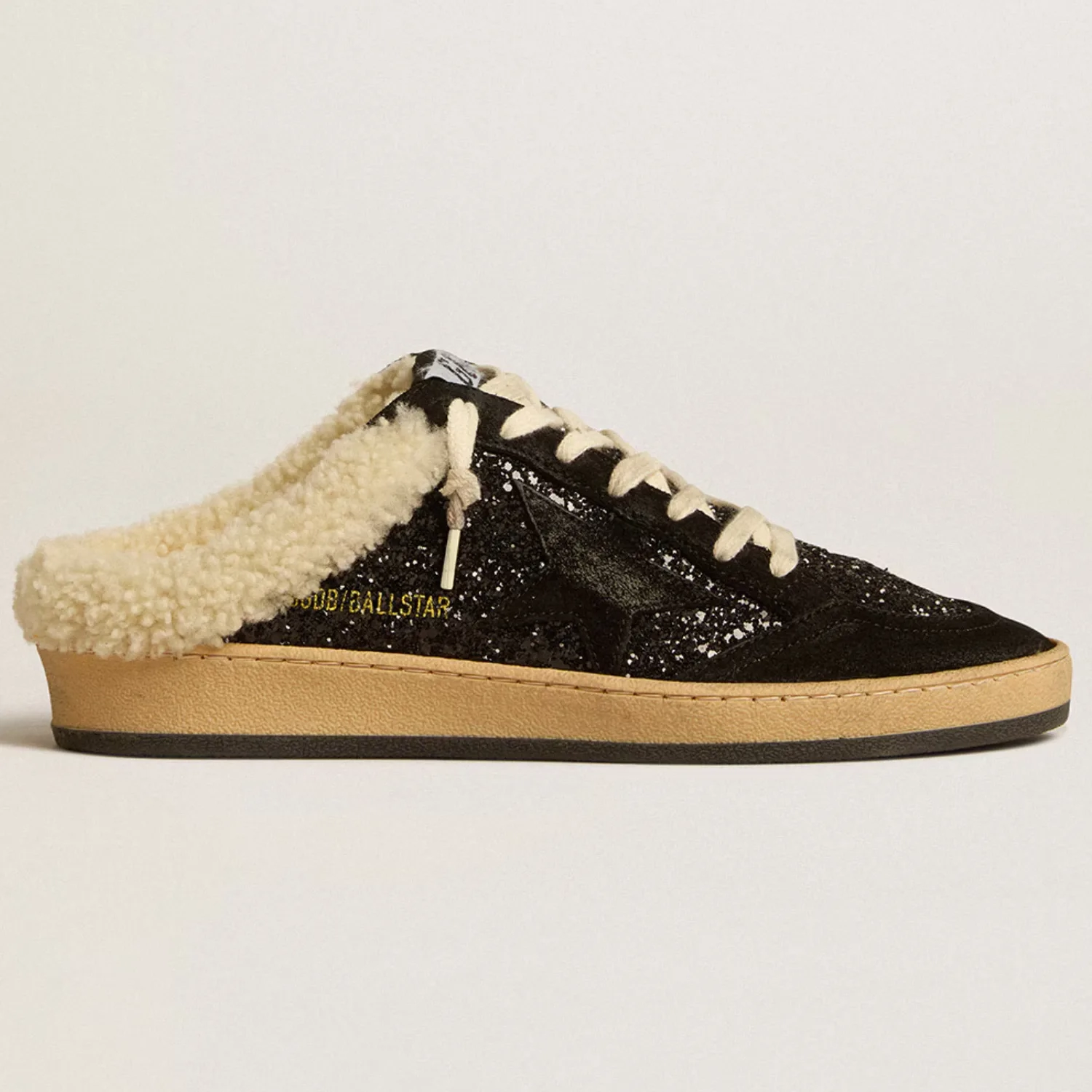 Ball Star Sabots in black glitter with black star and shearling lining